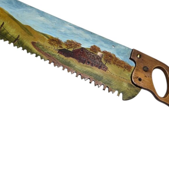 Antique Hand Saw Folk Art Rustic Countryside Scene Hand Painted Wall Decor - Picture 12 of 16